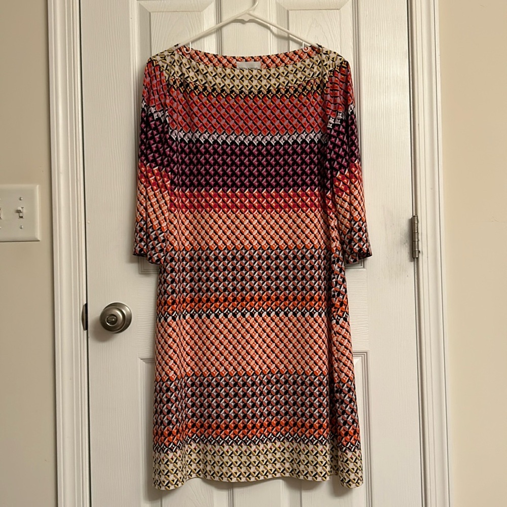 Donna Morgan Orange Pink Chevron Print Polyester-Spandex Shift Dress Size 14